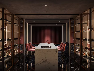 Modern Luxurious Bar Area With Wine Cabinets Marble Countertop Red Chairs And Ambient Lighting 3d model