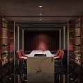 Modern Luxurious Bar Area With Wine Cabinets Marble Countertop Red Chairs And Ambient Lighting