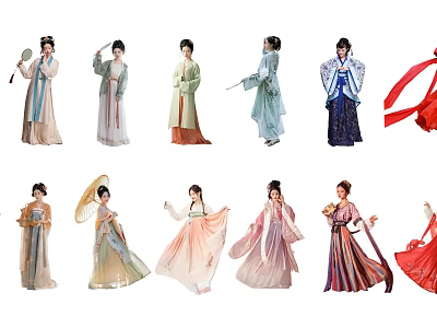 Group of Women Wearing Traditional Chinese Hanfu with Various Poses and Colorful Outfits 3d model