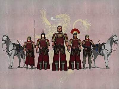 Game Movie Characters in Red Armor Standing With Two White Horses Against Golden Lion Background 3d model