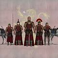 Game Movie Characters in Red Armor Standing With Two White Horses Against Golden Lion Background