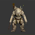 Futuristic Game And Movie Mechanical Character With White Gold Armor Headgear And Weapon