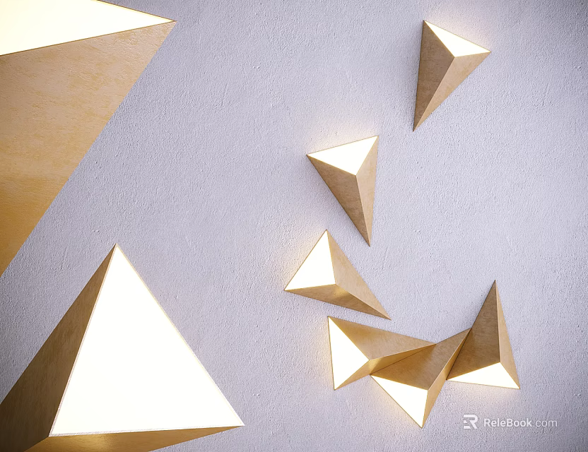 Pyramid Shaped Gold Wall Lamps Lit on Gray Wall Modern Minimalist Design 3d model 