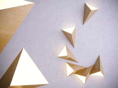 Pyramid Shaped Gold Wall Lamps Lit on Gray Wall Modern Minimalist Design 3d model