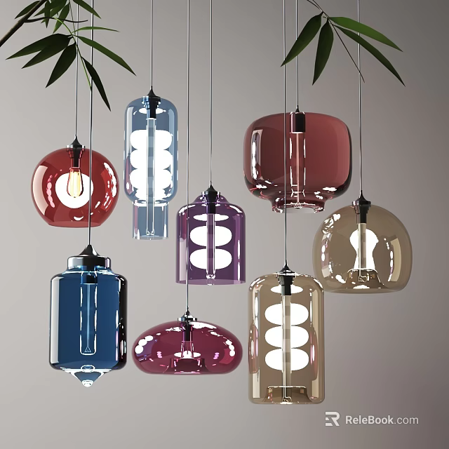 Colorful Glass Pendant Lights in Various Shapes and Colors Hanging with Decorative Green Leaves 3d model 