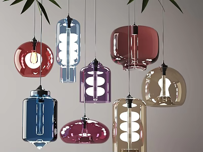 Colorful Glass Pendant Lights in Various Shapes and Colors Hanging with Decorative Green Leaves 3d model