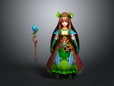Elven Mage Character in Green Robe with Floral Headband Staff and Magical Blue Creature Companion 3d model