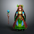 Elven Mage Character in Green Robe with Floral Headband Staff and Magical Blue Creature Companion