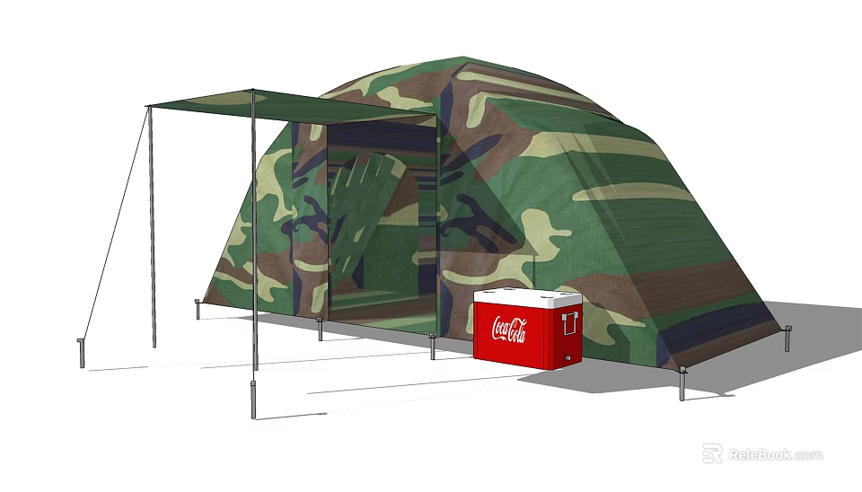 Camouflage Tent With Sunshade Awning And Red Coca Cola Cooler Outside 3d model 