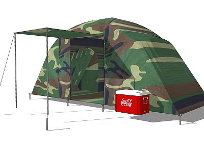 Camouflage Tent With Sunshade Awning And Red Coca Cola Cooler Outside 3d model