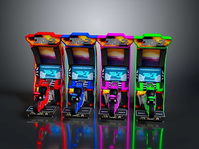 Vibrant Red Blue Pink Green Arcade Gaming Machines With Multiple Screens In Row 3d model