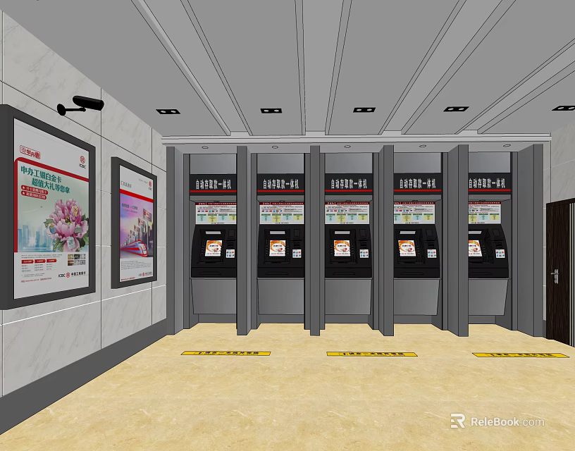 Bank Interior With ATM Machines Advertising Posters And Yellow Floor Markers 3d model 