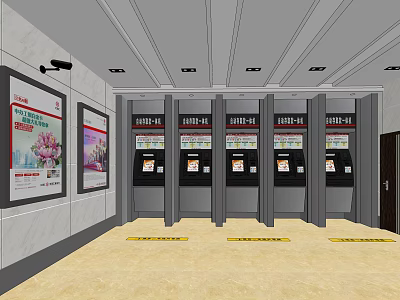 Bank Interior With ATM Machines Advertising Posters And Yellow Floor Markers 3d model
