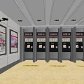 Bank Interior With ATM Machines Advertising Posters And Yellow Floor Markers