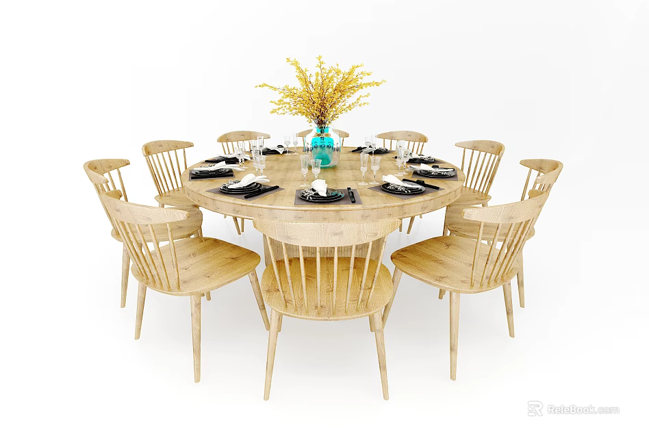 Round Wooden Dining Table Set with Eight Chairs Flower Vase and Tableware 3d model