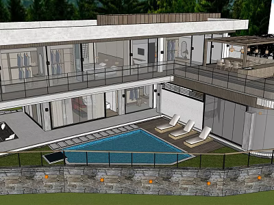 Modern Luxury Villa Architecture Featuring Swimming Pool Terrace Lounge Chairs And Glass Windows 3d model