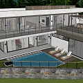 Modern Luxury Villa Architecture Featuring Swimming Pool Terrace Lounge Chairs And Glass Windows