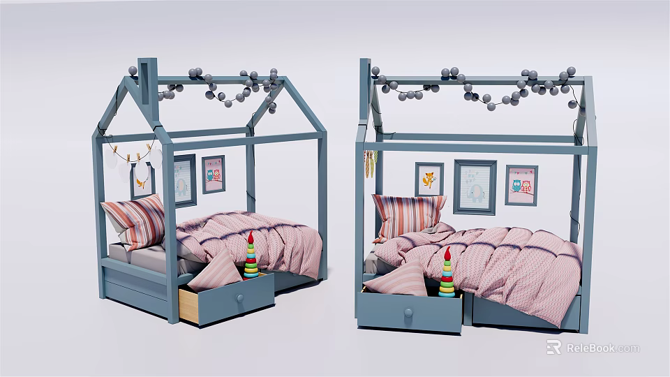 House Shaped Kids Bed With Blue Frame Storage Drawers Top Ball Garland And Decorative 3d model 