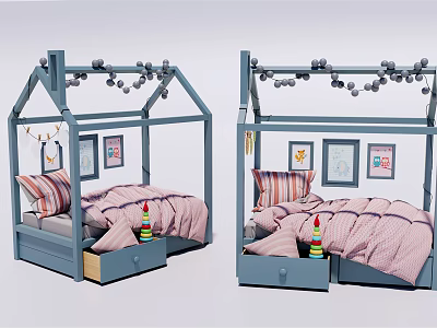 House Shaped Kids Bed With Blue Frame Storage Drawers Top Ball Garland And Decorative 3d model