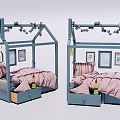House Shaped Kids Bed With Blue Frame Storage Drawers Top Ball Garland And Decorative