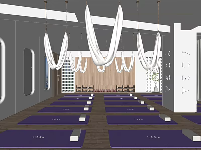 Yoga Fitness Training Studio Interior With Purple Mats White Hanging Lights And Wooden Wall 3d model