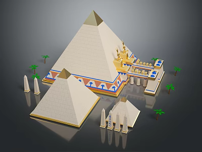 Ancient Pyramids Scene With Golden Tops Surrounded By Small Pyramids And Palm Trees 3d model
