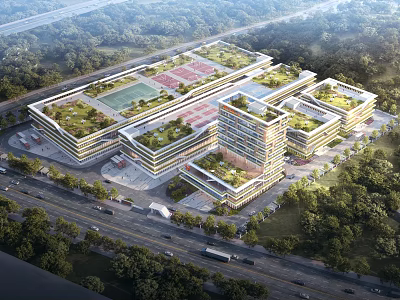 Modern Industrial Factory Complex With Multiple Buildings Green Roofs And Tree Surrounded Premises 3d model