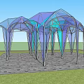 Modern Geometric Pergola with Transparent Blue Purple Canopy and Metal Supports in Outdoor Space