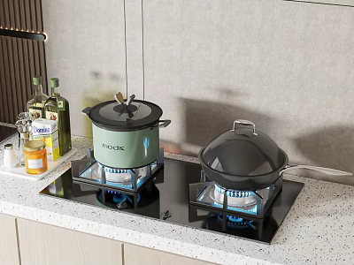 Modern Kitchen Gas Stove With Blue Flames And Covered Pots On Countertop 3d model