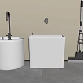 Bathroom Accessories Two White Basins Round And Square With Faucets And Mop In Bathroom Setting