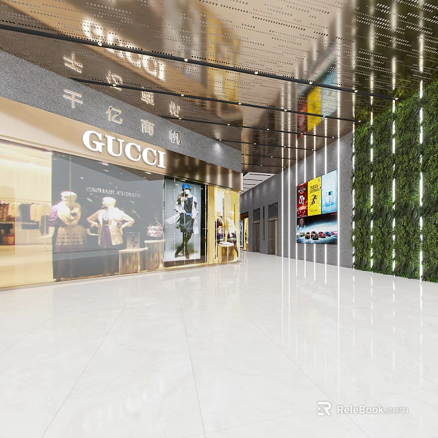 Modern Shopping Mall Lobby With Gucci Store Green Plant Wall And Bright Lighting 3d model 