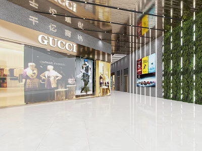 Modern Shopping Mall Lobby With Gucci Store Green Plant Wall And Bright Lighting 3d model
