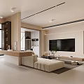 Modern Living and Dining Room Interior With TV Wall Wooden Elements And Green Plant