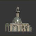 Traditional Mosque Building With Green Dome Minaret Arched Windows And Stone Base