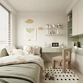 Cozy Children's Room Interior With Bed Pillows Study Desk Chair Cloud Decorations And Bookshelf