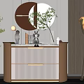 Modern Entryway Cabinet And Side Console With Round Mirror Green Plant Sculptures And Drawers