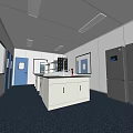 Laboratory Interior Design Featuring Hallway Lab Bench Refrigerators White Walls Blue Floor And Lighting