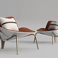 Two Modern Leisure Chairs With Orange White Upholstery And Striped Cushions On Metal Legs