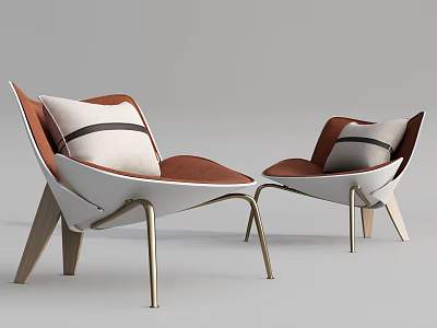 Two Modern Leisure Chairs With Orange White Upholstery And Striped Cushions On Metal Legs 3d model