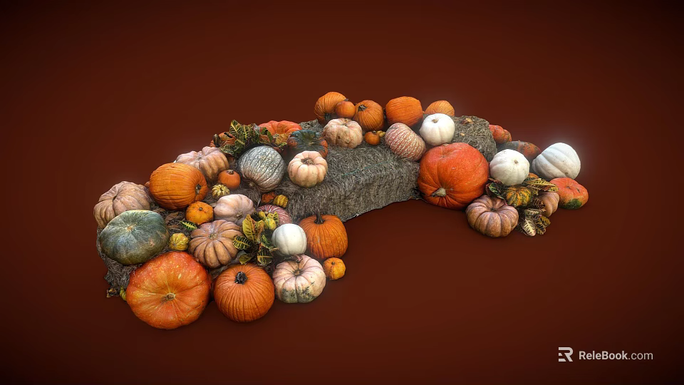 Various Colorful Pumpkins And Gourds Piled On Deep Red Background 3d model 