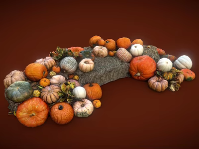 Various Colorful Pumpkins And Gourds Piled On Deep Red Background 3d model