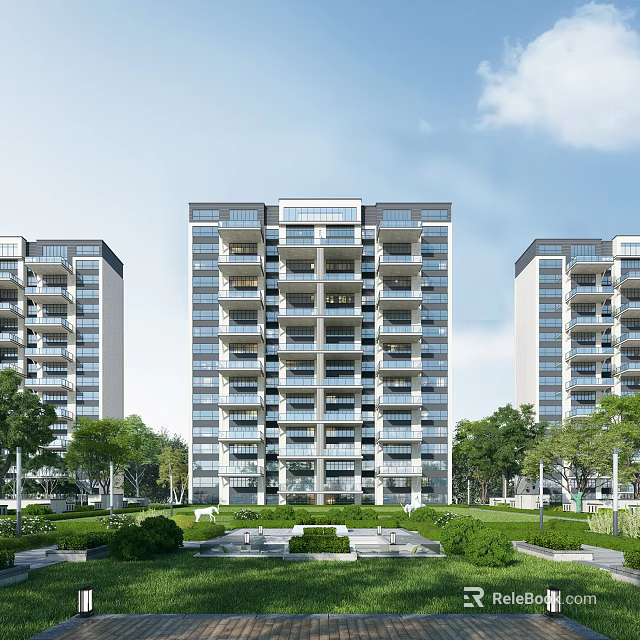 Modern High Rise Residential Buildings With Landscaped Green Area Lawns And Trees 3d model 