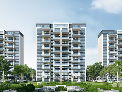 Modern High Rise Residential Buildings With Landscaped Green Area Lawns And Trees 3d model