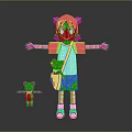 Green Haired Girl Character With Red White Sleeves And Teddy Bear Plush Companion