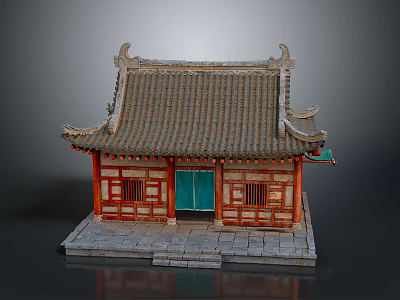 Traditional Chinese Architecture With Tiled Roof Curved Eaves Red Wooden Walls Green Door And Stone Base 3d model