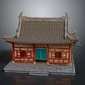 Traditional Chinese Architecture With Tiled Roof Curved Eaves Red Wooden Walls Green Door And Stone Base
