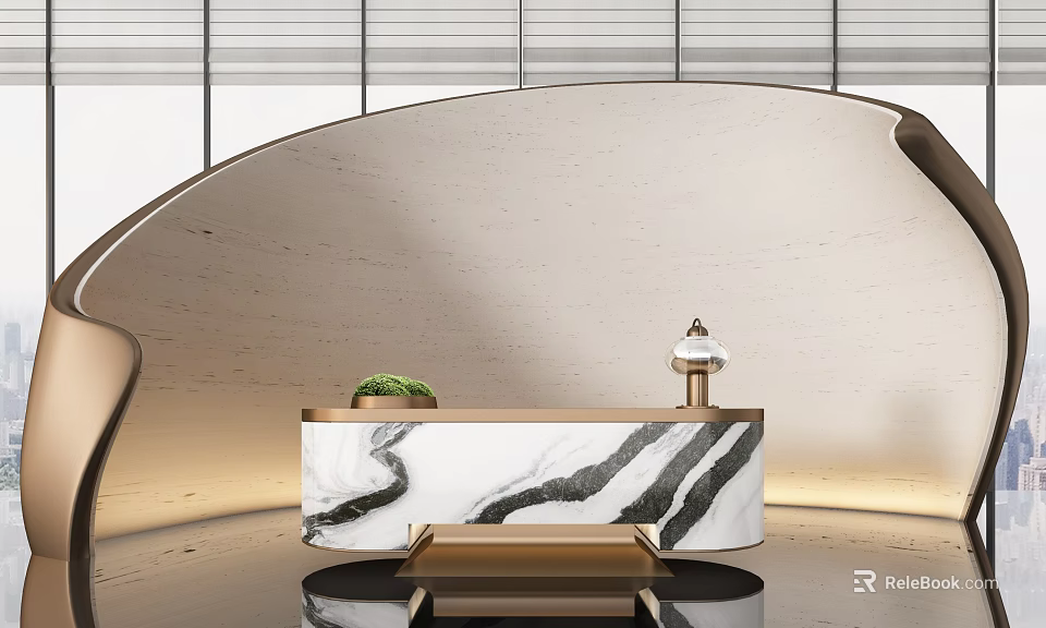 Elegant Modern Reception Desk With Marble Black White Veins Gold Accents And Curved Wall 3d model 