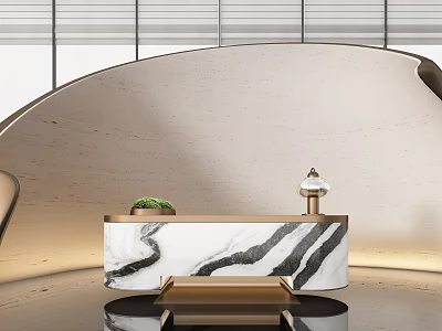 Elegant Modern Reception Desk With Marble Black White Veins Gold Accents And Curved Wall 3d model