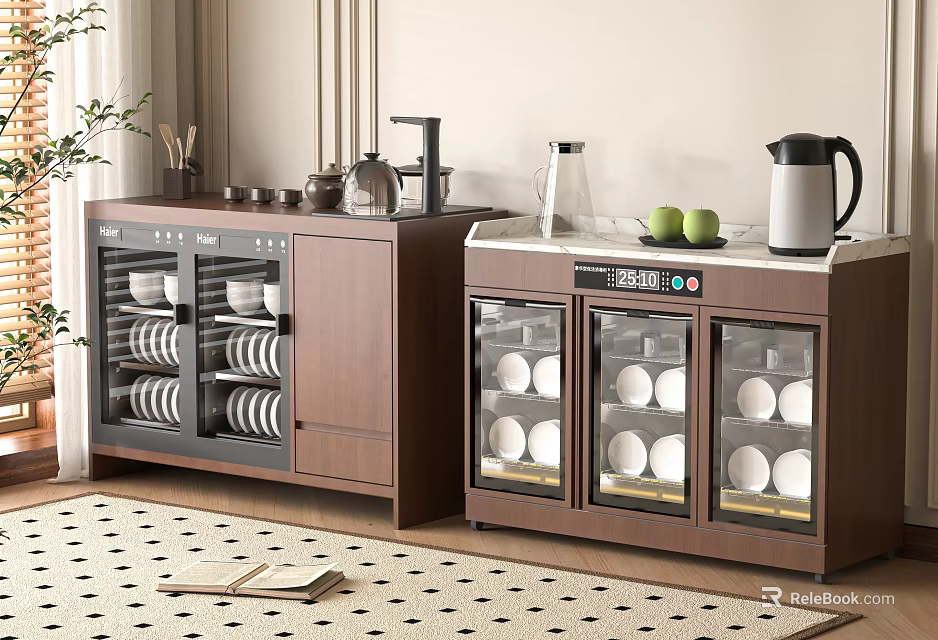 Modern Kitchen Appliances Wooden Storage Cabinets Glass Doors Dishes Kettle And Coffee Machine 3d model 