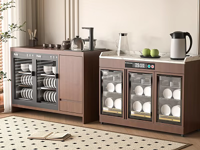 Modern Kitchen Appliances Wooden Storage Cabinets Glass Doors Dishes Kettle And Coffee Machine 3d model
